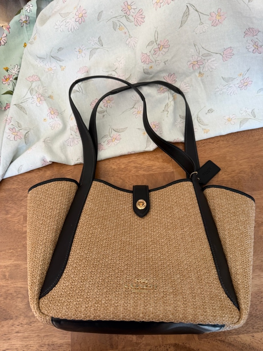 Coach Natural Straw Tote with Black Leather Trim - Picture 6 of 6